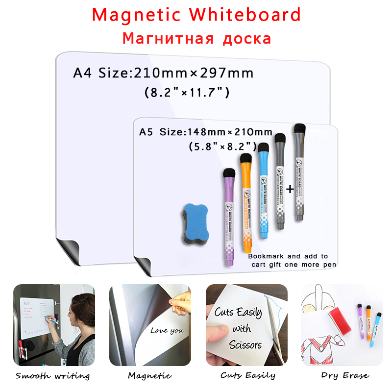 Magnetic Whiteboard Dry Erase Fridge Stickers White Board Erasable Message Office Teaching Practice Writing Schedule A4+A5 Size