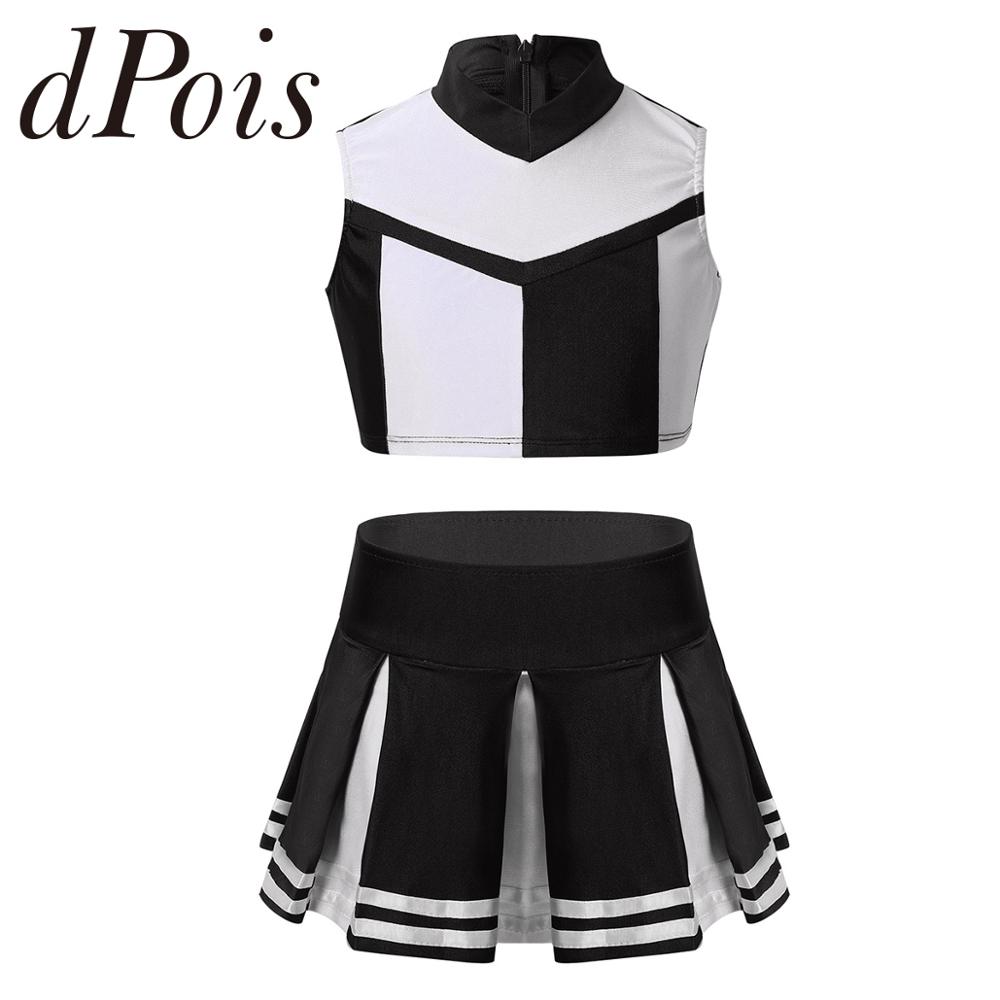 Kids Teens Girls Cosplay Cheerleading Uniforms Cheerleader Costume Outfits Sleeveless Zippered Crop Top with Pleated Skirt Set