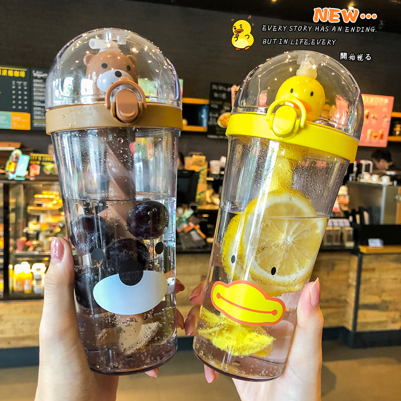 New Hot Creative Plastic Straw Water Bottle Cute Animal Drinking Cup Portable Large Capacity For Student Adult Kids Mixing Cups