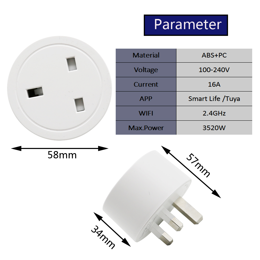 16A UK Smart Wifi Power Plug Energy Monitor Timer Smart Home House Wifi Wireless Socket Outlet for Alexa Google Home by Tuya App