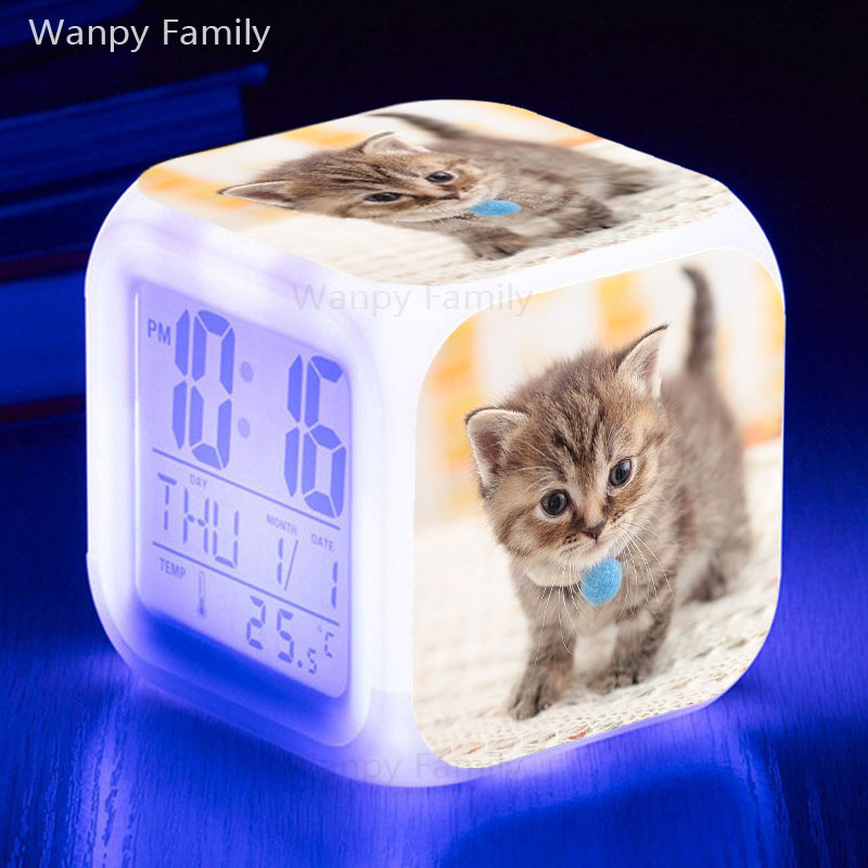 Very Cute Little Cat Alarm Clock 7 Color Glowing Multifunctio LED Alarm Clock Big screen Touch Sensing Digital Watches Clock