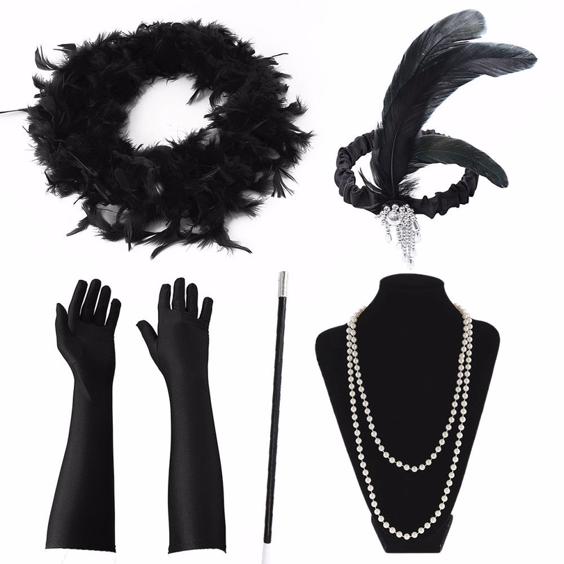 5PC Women's Red White Black Gloves feather headbands 1920s Flapper vintage Holder Great Gatsby Accessories Cigarette Holder Set