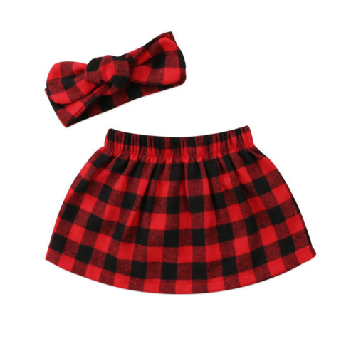 FOCUSNORM Sweet Christmas Infant Baby Girl Xmas Plaid Skirts Headband Cotton Outfit Clothes