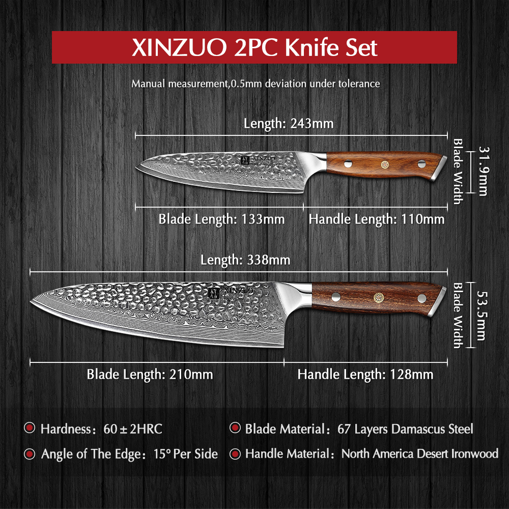 XINZUO 2PCS Knife Set with Ironwood Handle VG10 Damascus Steel Blade Utility Chef`s `Knives Cooking Tools Kitchen Cutter Sets