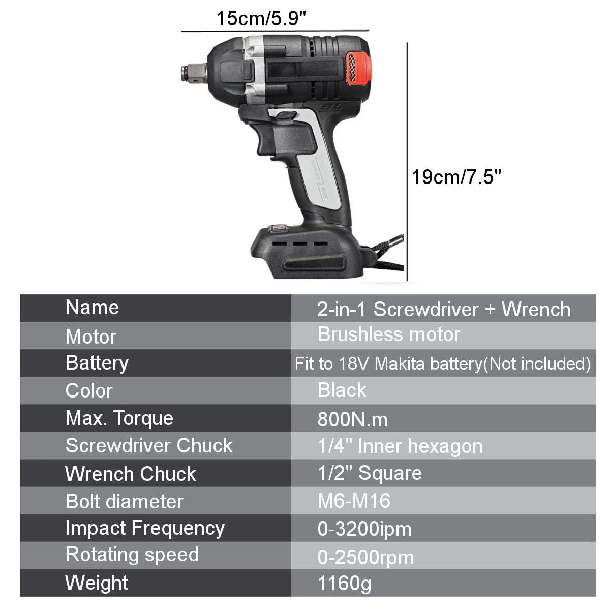 2 in1 18V 800N.m. Li-Ion Brushless Cordless Electric 1/2"Wrench 1/4"Screwdriver Drill Replacement for Makita Battery DTW285Z