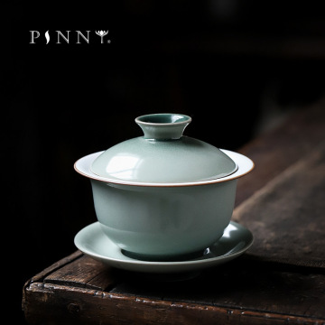 PINNY 110ML Cyan Glaze Kung Fu Gaiwan Pigmented Ceramic Tea Tureen Heat Resistant Tea Bowl Retro Drinkware