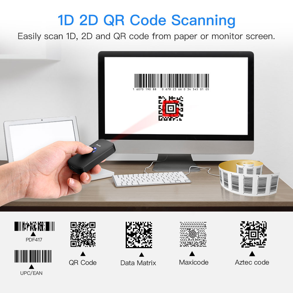 Eyoyo EY-009 2D Barcode Scanner 3-in-1 USB Wired&2.4G Wireless&Bluetooth Bar Code Reader Portable 1D QR Scanner for IOS Android