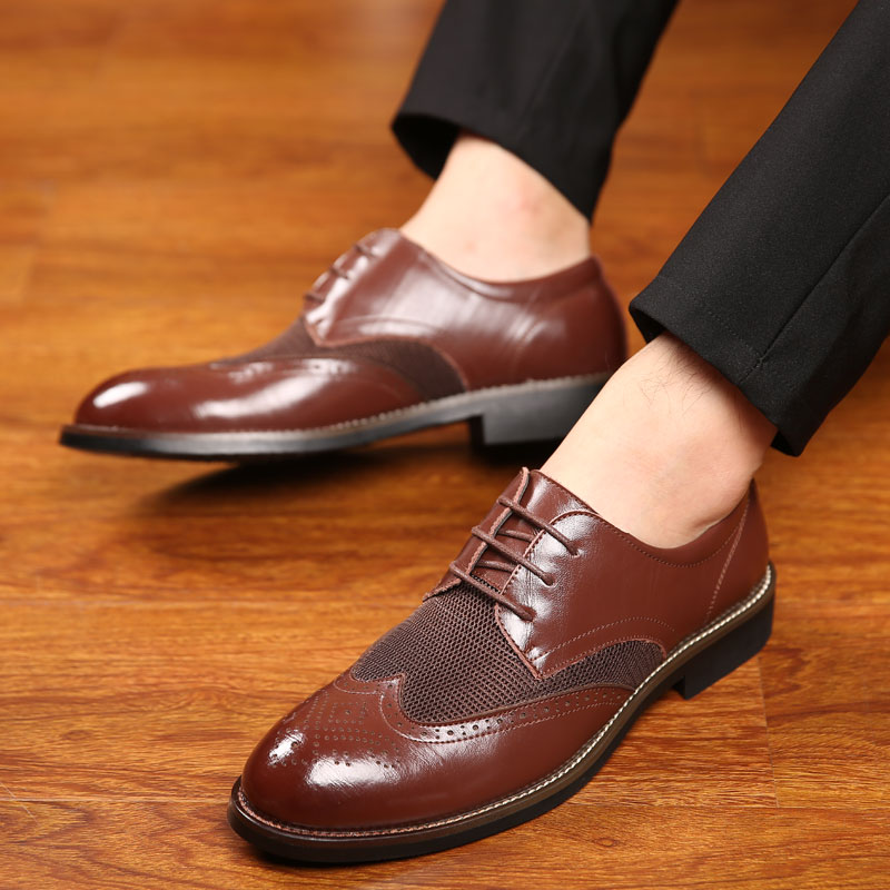 2019 Style Men Oxfords Breathable Mesh Leather Shoes Men Design Brand Patchwork Business Dress Shoes Footwear Big Size 5.5~13.5
