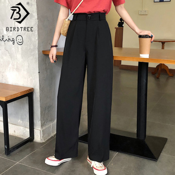 Women Wide Leg Pants 2020 Summer Thin Fabric High Waist Pockets Button Fly Long Trousers Casual Bottoms All Match B06810K