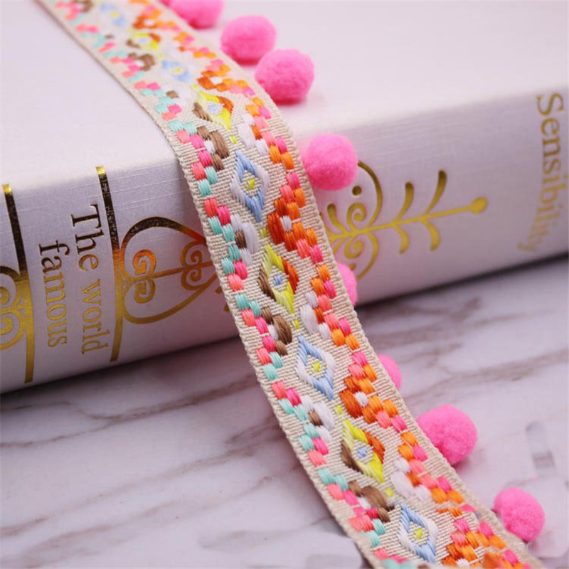 Tassel Lace Ribbon With Pompom Ball Trim Colorful Ribbons DIY National Wind Garment Accessories Home Party Decoration 1yard/pack