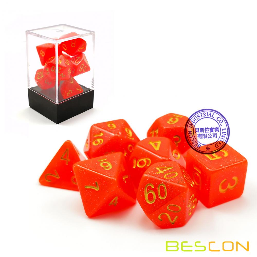 Bescon Intensive Glitter DND Dice 7pcs Set ROYAL RED, Novelty Glitter RPG Dice Set d4 d6 d8 d10 d12 d20 d%, Brick Box Packaging