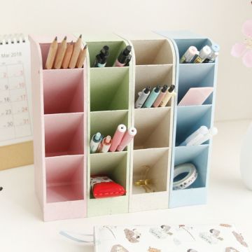 4 Grid Desktop Pencil Pen Holder Office School Storage Case Box Wheat Straw Desk Pencil Organizer Office Student Stationery