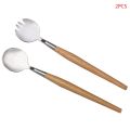 2 Pcs Salad Spoon Fork with Long Wooden Handle Set Stainless Steel Dessert Fruit Kitchen Tableware Tools