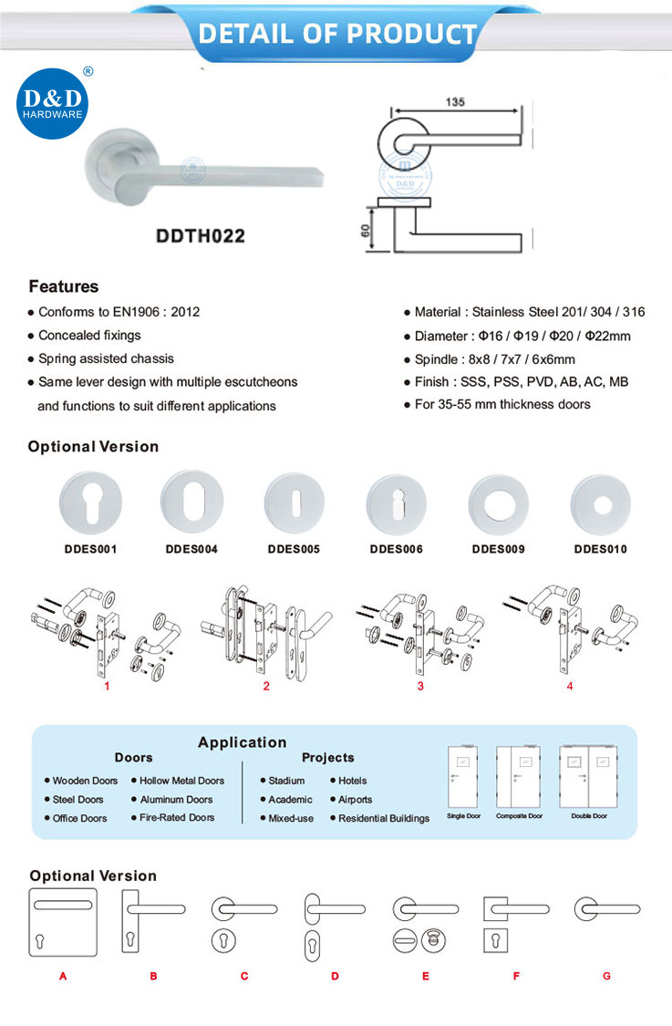 D&D Composite Door Hardware Stainless Steel Hollow Lever Handle (Lever Type)