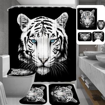 3D Print Animal Tiger Head Shower Curtains Bath Screens Waterproof Toilet Polyester Cover Mat Set Anti-Slip Bathroom Rugs Kits