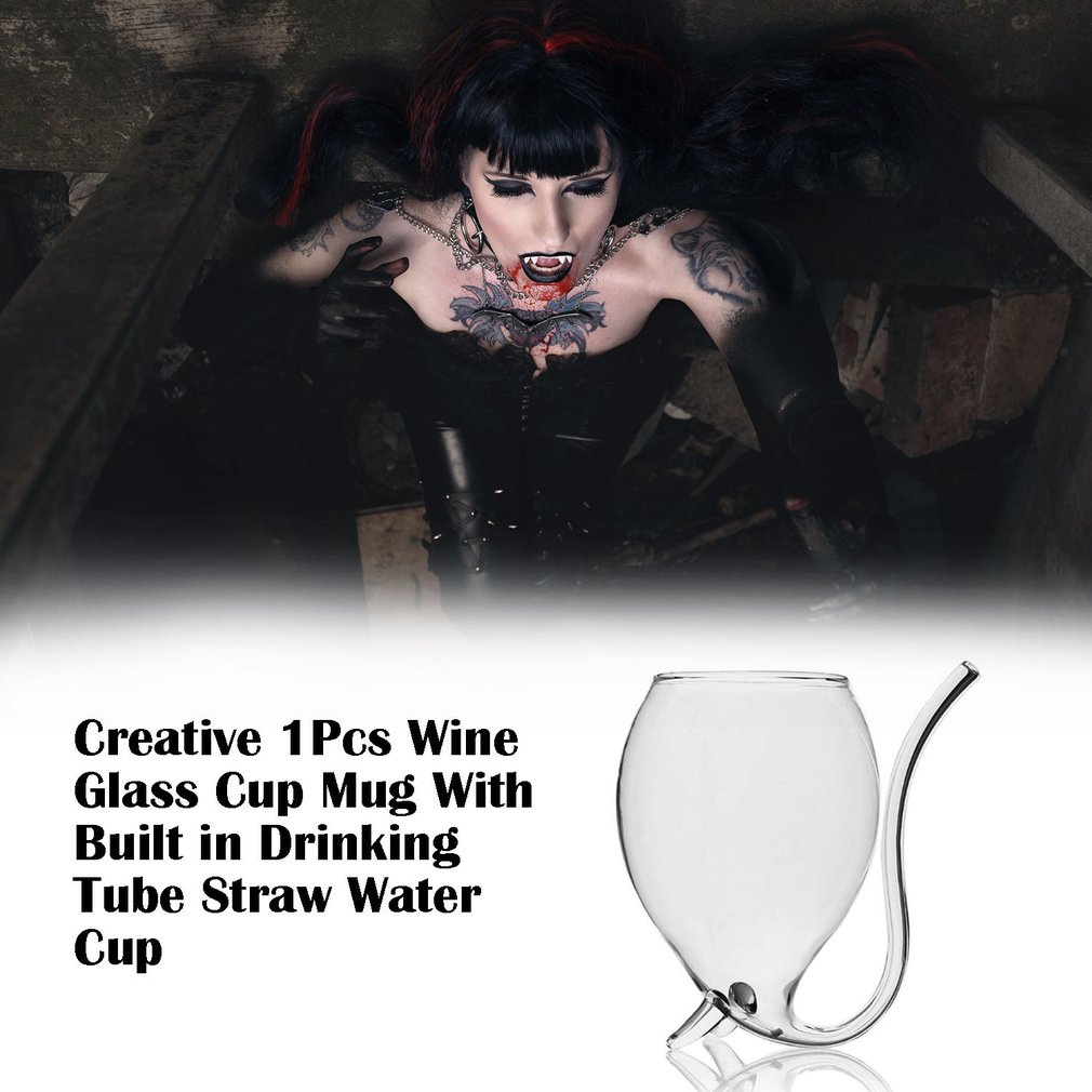 Creative 300ml 1Pcs Devil Red Wine Glass Transparent Cup Mug With Built in Drinking Tube Straw Water Cup for Home Bar Hotel