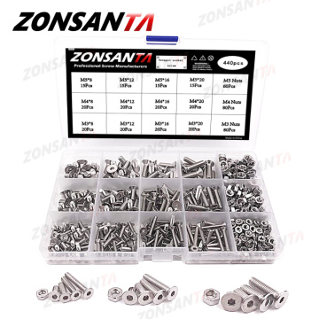 ZONSANTA 440pcs Hex Socket Flat Head Screws Bolts and Nuts Set M3 M4 M5 304 Stainless Steel Mechanical Bolt Furniture Screws