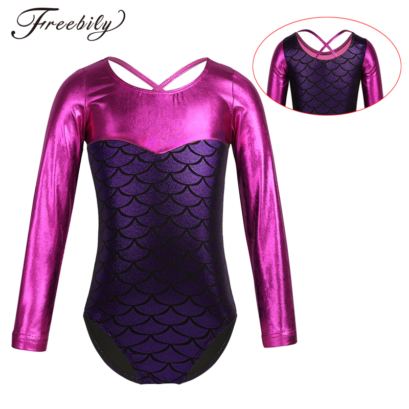 Kids Girls Long Sleeves Glittery Scales Printed Splice Ballet Dance Gymnastics Leotard One-Piece Swimsuit Girl Dance Wear