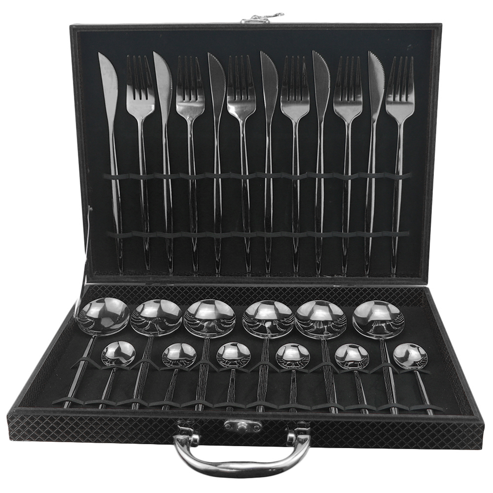 24Pcs Black Gold Flatware Set Knife Fork Spoon Dinner Set Stainless Steel Western Cutlery Set Tableware Silverware With Gift Box