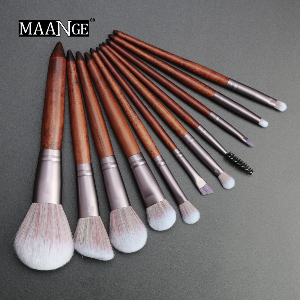 MAANGE 11Pcs Makeup Brushes Set Cosmetic Foundation Powder Blush Eye Shadow Lip Blend Wooden Make Up Brush Tool Kit Maquiagem