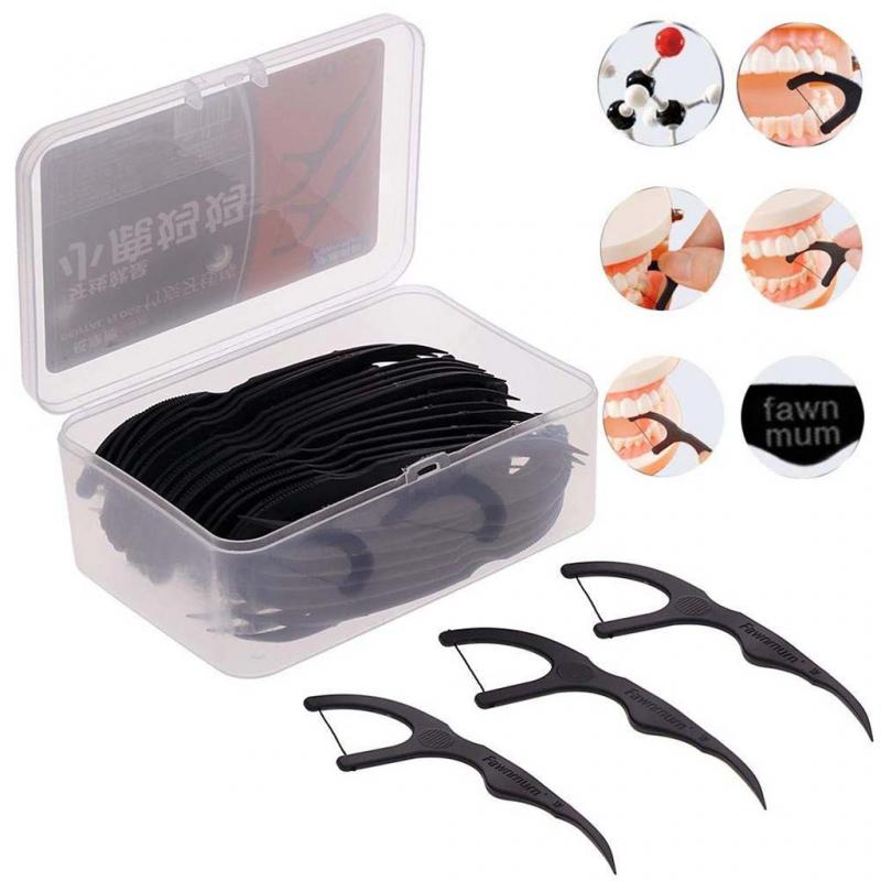 50pcs/Set Professional Floss Black Bamboo Charcoal Teeth Stick Interdental Brushes Oral Clean Toothpick Tool With Box