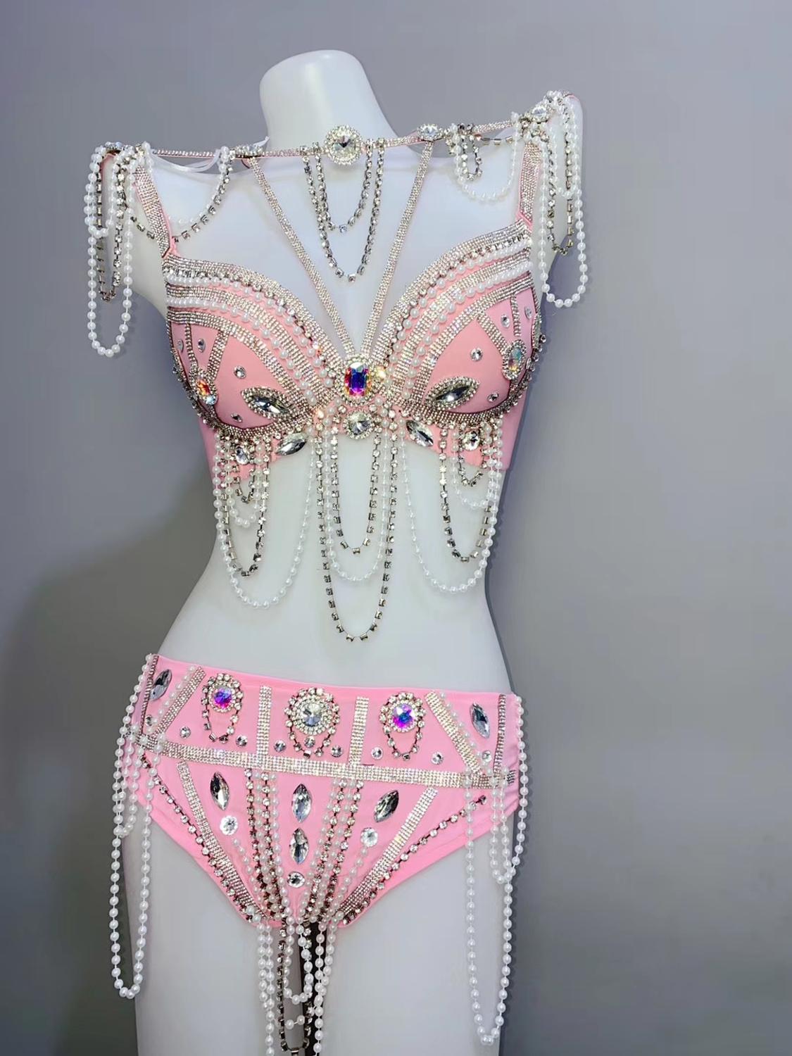 Pink Beads Rhinestones Bikini 3-Pieces LED Dance Outfit Bar Club Party Show Women Stage Wear Dance Team DJ Performance Costume