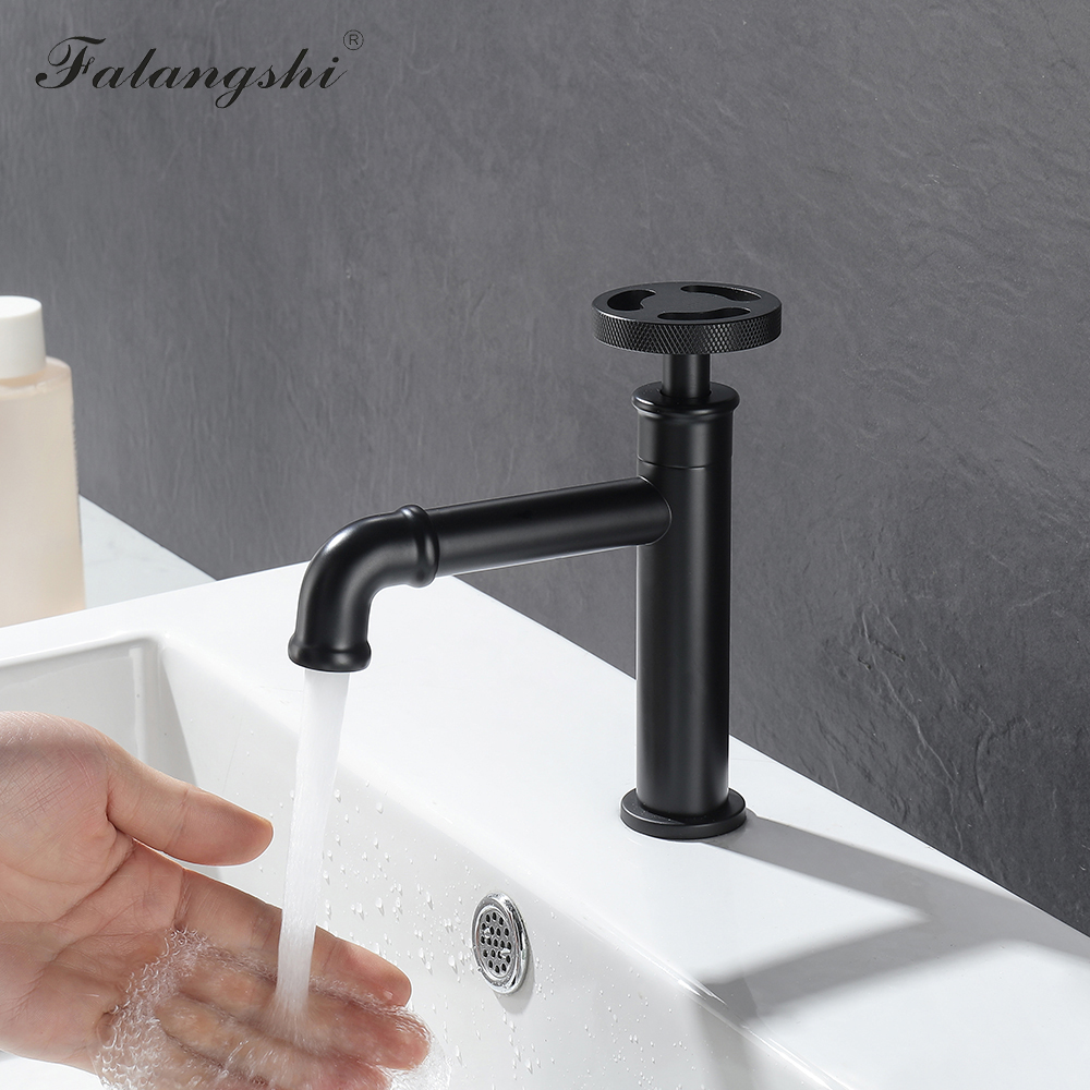 Basin Faucet Retro Industrial Style Single Cold Bathroom Vessel Sink Taps Matte Black Brass Faucet Water Taps Deck Mount WB1103