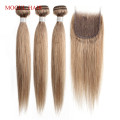 MOGUL HAIR Color 8 Ash Blonde bundles with Closure Colored Indian Straight Hair Weave Non-Remy Human Hair Extension