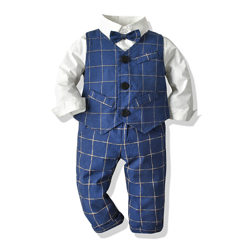 Baby Boy Clothes Birthday Party Baby Costume Boys Gentleman Tie Blue Shirt Vest Pants Autumn Toddler Baby Clothing Set Outfits