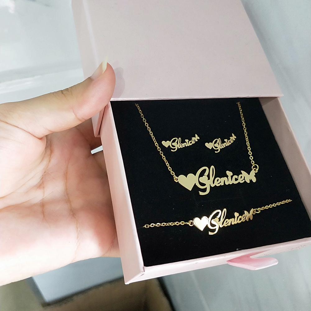DODOAI Customized Jewelry Sets Trendy Letter Earrings Stainless Steel Name Necklace/Earrings/Bracelet/ Ring Nameplate Gift