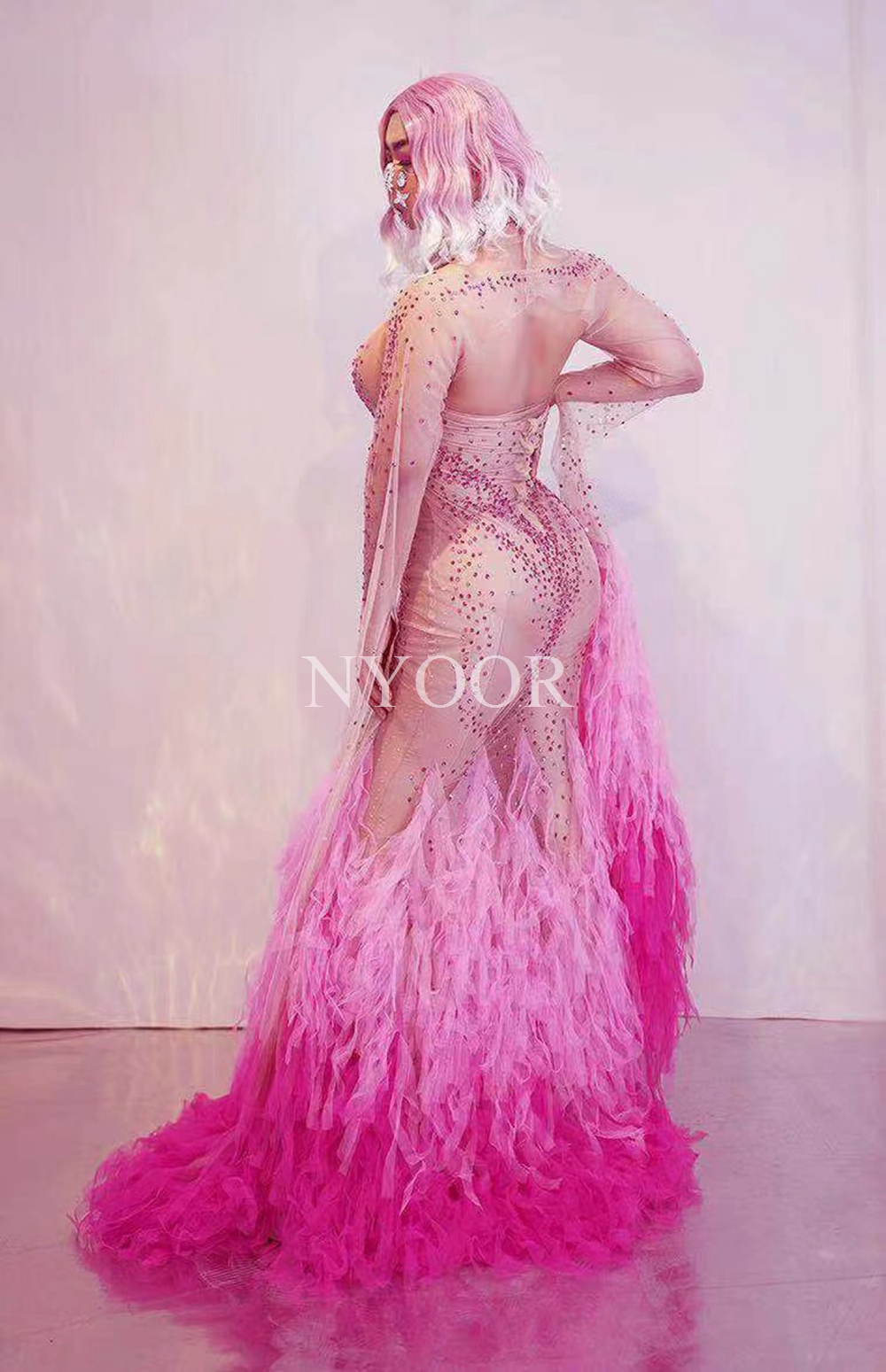 Rhinestone Rose Pink Mesh Fringe Tail Floor-length Dress Women Birthday Celebrate Prom Nightclub Outfit Sexy Stage Show Wear