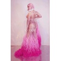 Rhinestone Rose Pink Mesh Fringe Tail Floor-length Dress Women Birthday Celebrate Prom Nightclub Outfit Sexy Stage Show Wear