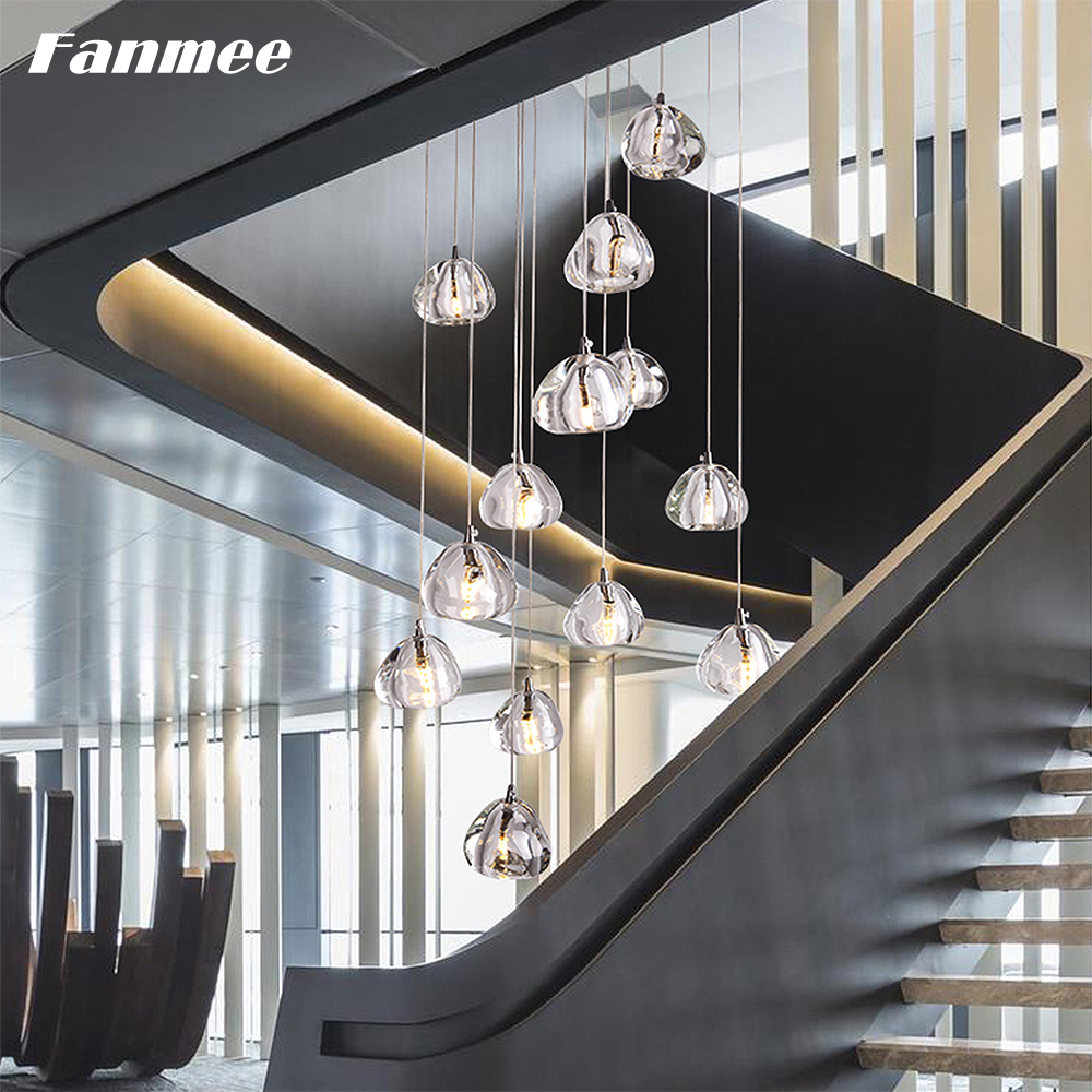 Crystal Globe Simple Pendant Hanging Lamp LED G4 Modern Spiral Staircase Linear Chandelier Light for Loft Villa Kitchen Island