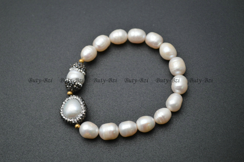 Paved Black Crystal Natural Fresh Water Pearl Big Potato Beads Stretch Charm Bracelets High Quality Fashion Woman Jewelry Gift