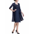 Knee Length Chiffon Beaded Bodice Mother of the Bride Dress with Jacket V Neck Lace Appliques Dinner Dresses for Women