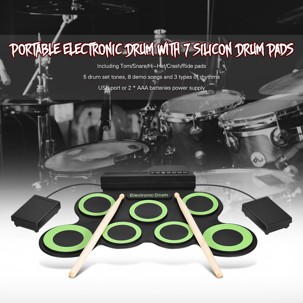 USB Roll-Up Silicon Drum Set Digital Electronic Drum Kit 7 Drum Pads with Drumsticks Foot Pedals for Beginners