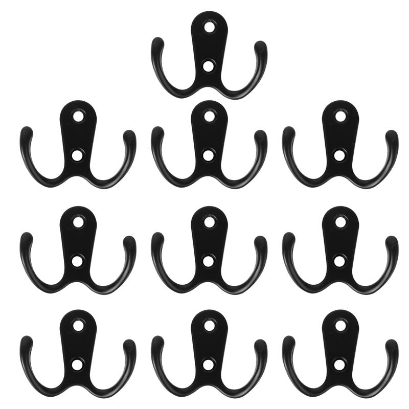 10pcs Coat Hooks 2 Hole Wall-mounted 2-Pronged Clothes Hook Towel Hook Coat Hanger for Robes Coats Hats Keys Towels Black