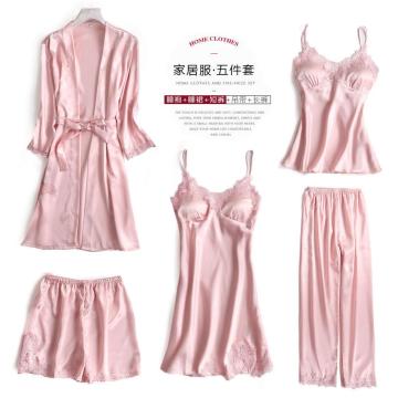 Women Pajamas 5 Pieces Satin Pajamas Sets Sleepwear Silk Home Wear Embroidery Sleep Lounge Lace Pyjama with Chest Pads