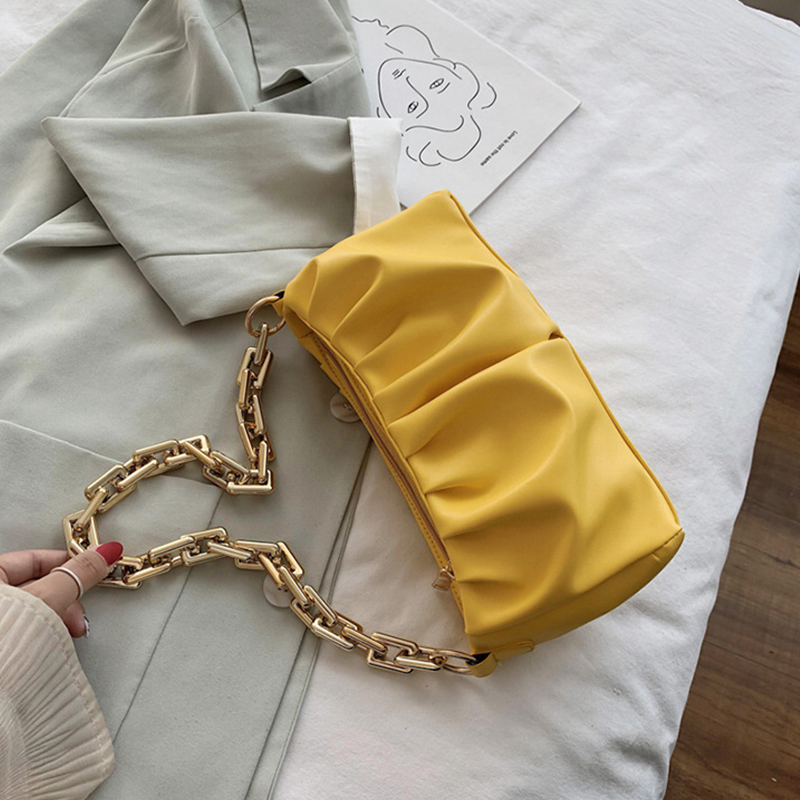Fashion Chains Shoulder Bag For Women Pleated Cloud Bags Soft PU Baguette Bag Solid Color Handle Bag Female Shopping Small Totes