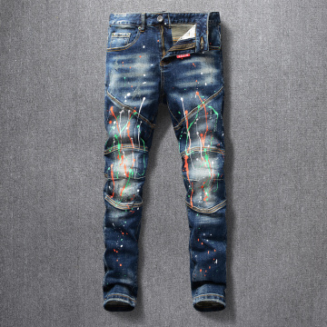 American Streetwear Fashion Men Jeans Retro Blue Washed Slim Fit Paint Designer Hip Hop Pants Spliced Elastic Biker Jeans Homme
