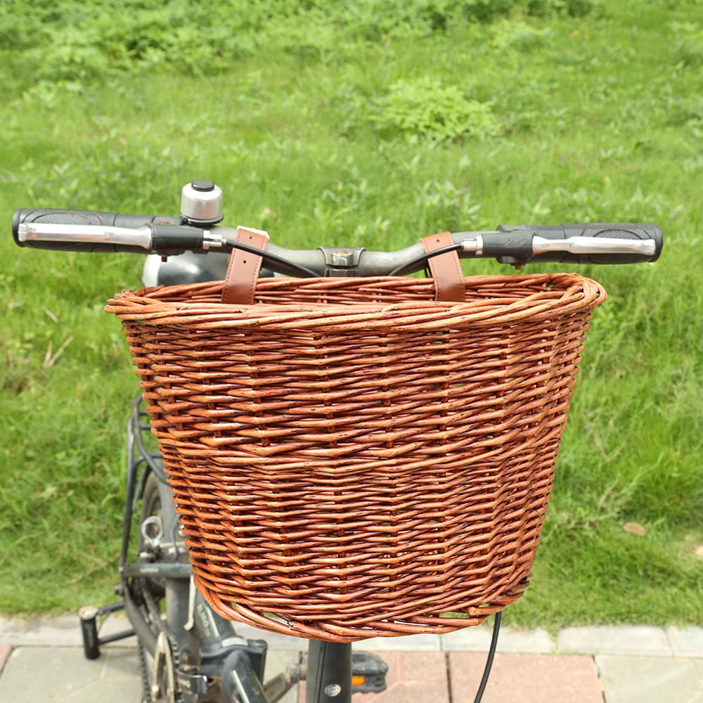 Durable Rattan Bike Basket Front Pannier Bag Practical Multi-functional Bicycle Scooter Handlebar Storage Container