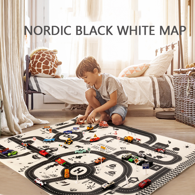 100X130CM Toy Car Mat Map Kids Play Area Rug Mat City Road Buildings Parking Map Game Scene Map Collapsible