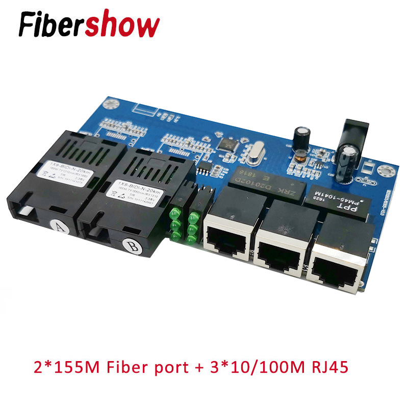 10/100M Fast Ethernet Fiber Optical Media Converter Single Mode 3 RJ45 and 2 SC fiber Port PCBA