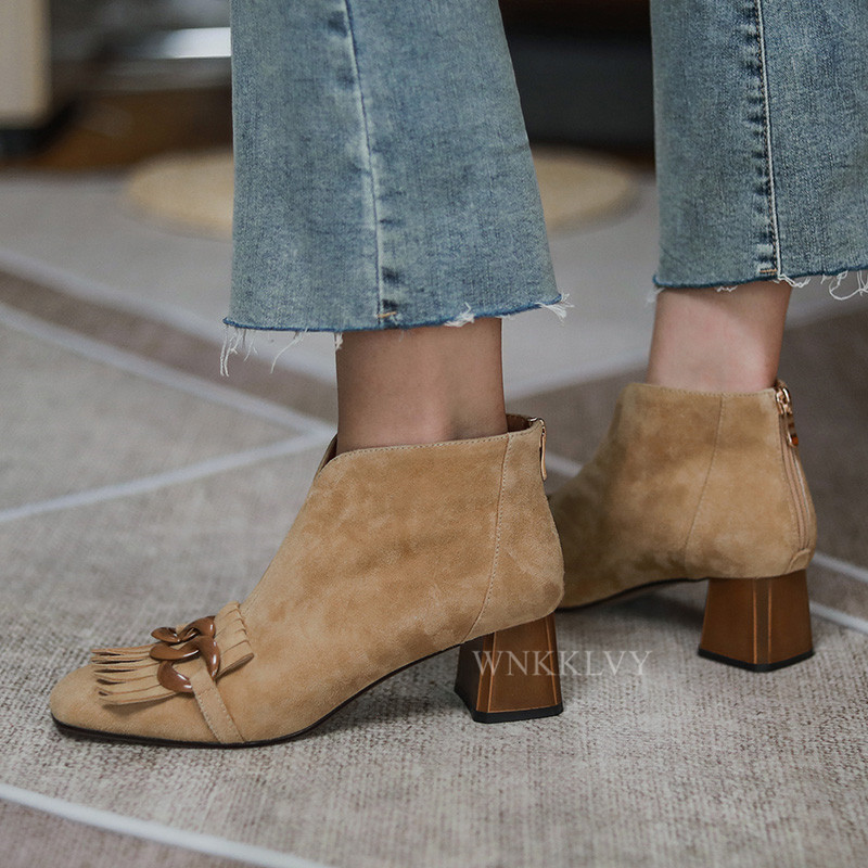 Runway High top Fringe Boots for women suede chunky high heel shoes chain decor ankle botas Elegant spring autumn short boots