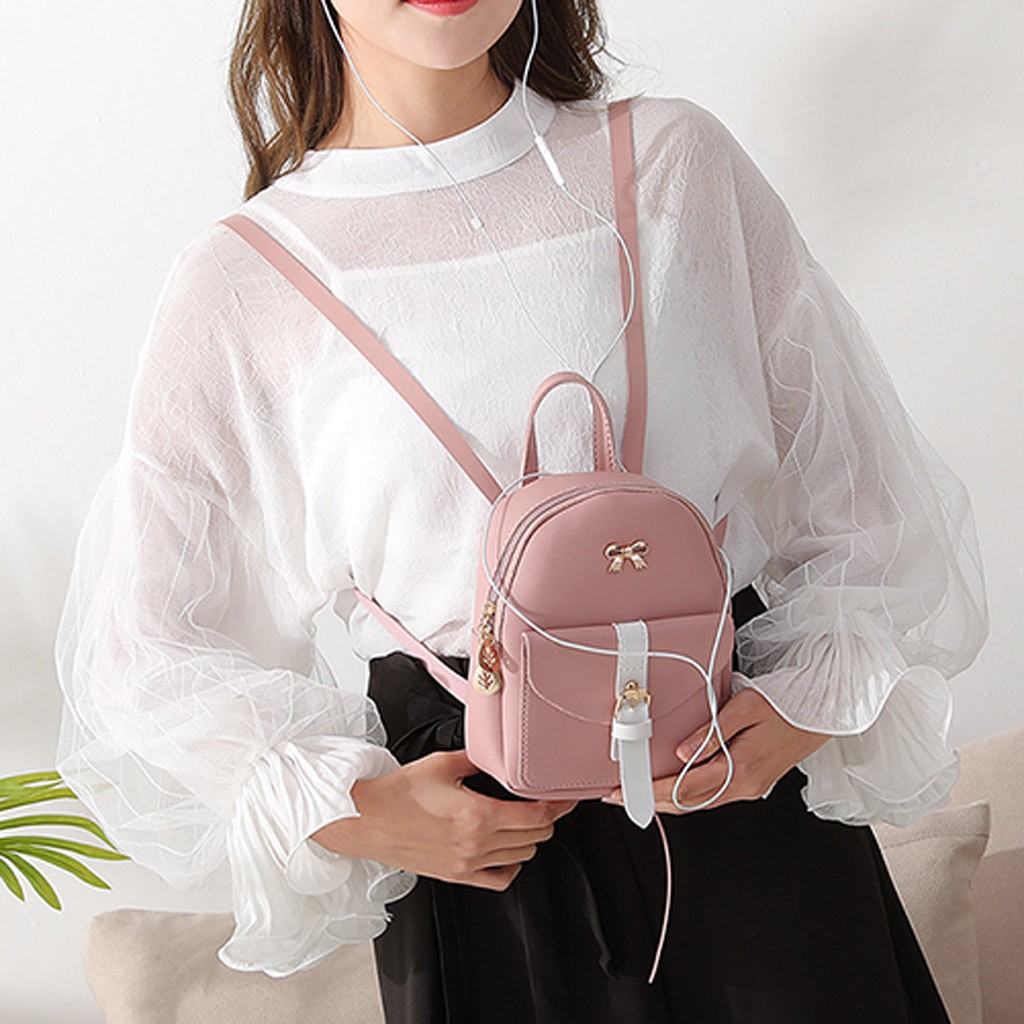 Women's Mini Backpack Luxury PU Leather Kawaii Backpack Cute Graceful Bagpack Small School Bags for Girls Bow-knot Leaf Hollow