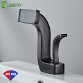LANGYO Bathroom Sink Waterfall Faucet Black/Chrome Water Taps Single Handle Creative Deck Mount Cold Hot Mixer Faucet 2018A119