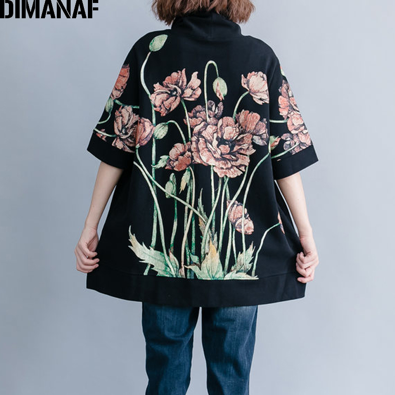 DIMANAF Women Hoodies Sweatshirts Plus Size Tops Black Female Turtleneck Pullover Autumn Thinken Cotton Loose 2019 Print Floral