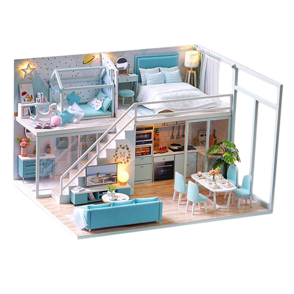 DIY Miniature Dollhouse Kit - 1:24 Scale Doll House Blue Apartment W/ Lights