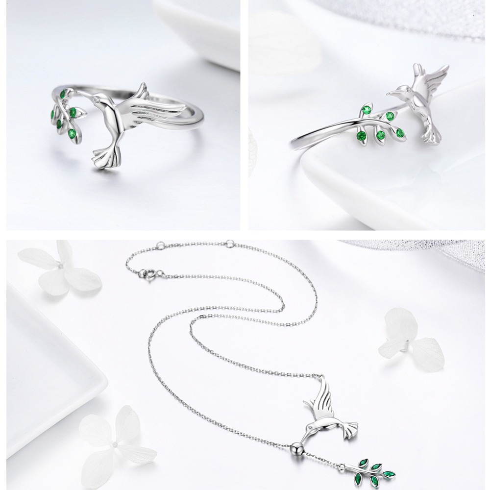 BISAER Jewelry Set 925 Sterling Silver Bird Hummingbirds Greeting Collar Anel Jewelry Sets For Women Fashion Earrings Jewelry