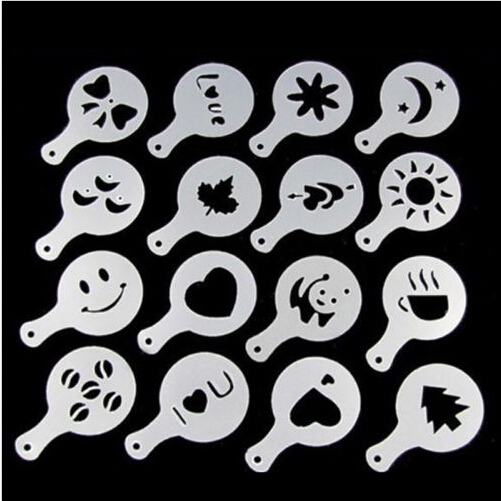 16Pcs/set Lovely Coffee Mould Stencils Cappuccino Coffee Barista Stencils Template Strew Pad Duster Spray Tools